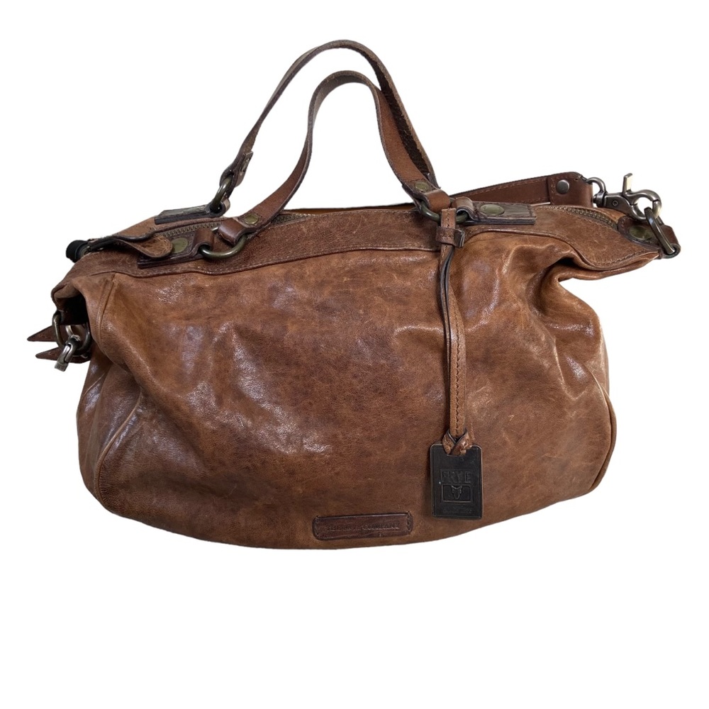Frye Becca Rustic Italian Leather Brown Shoulder Bag Satchel Dual Handle Purse - Picture 2 of 16
